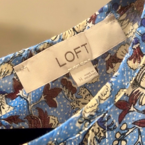 LOFT Blue Floral Blouse Medium Puff Sleeve Cottagecore Boho Top Ann Taylor Loft - Picture 2 of 2